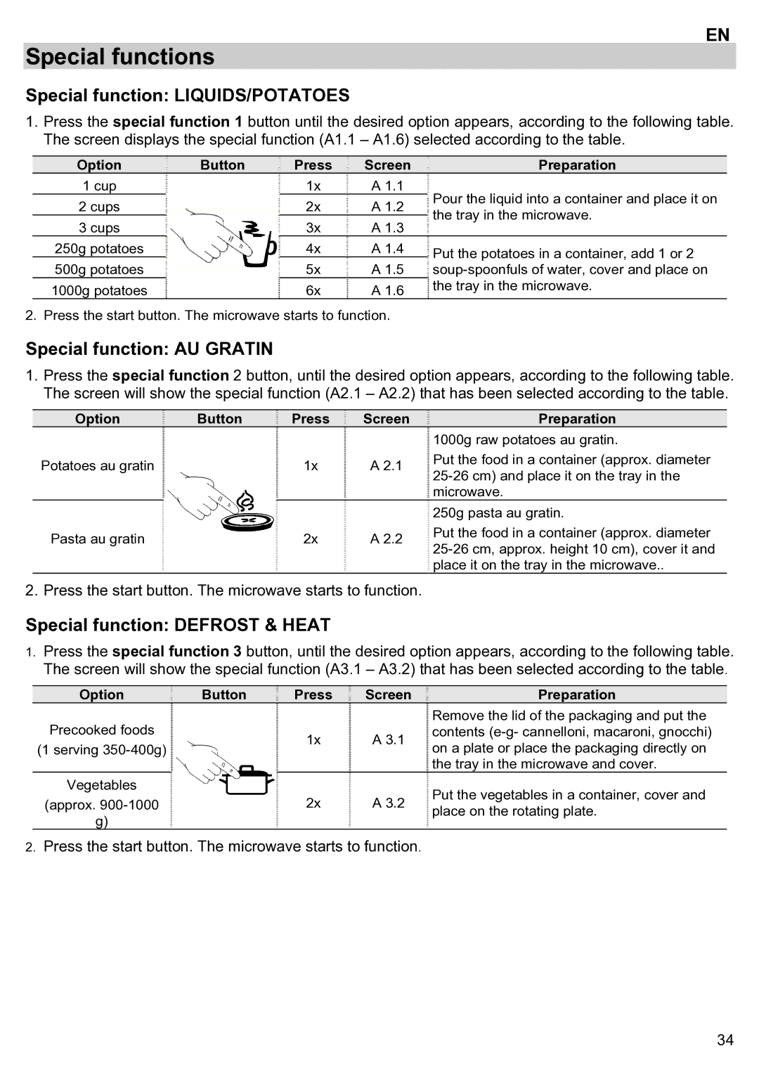 Teka ieka MWL 20 BIT manual Special functions, Special function LIQUIDS/POTATOES, Special function AU Gratin 