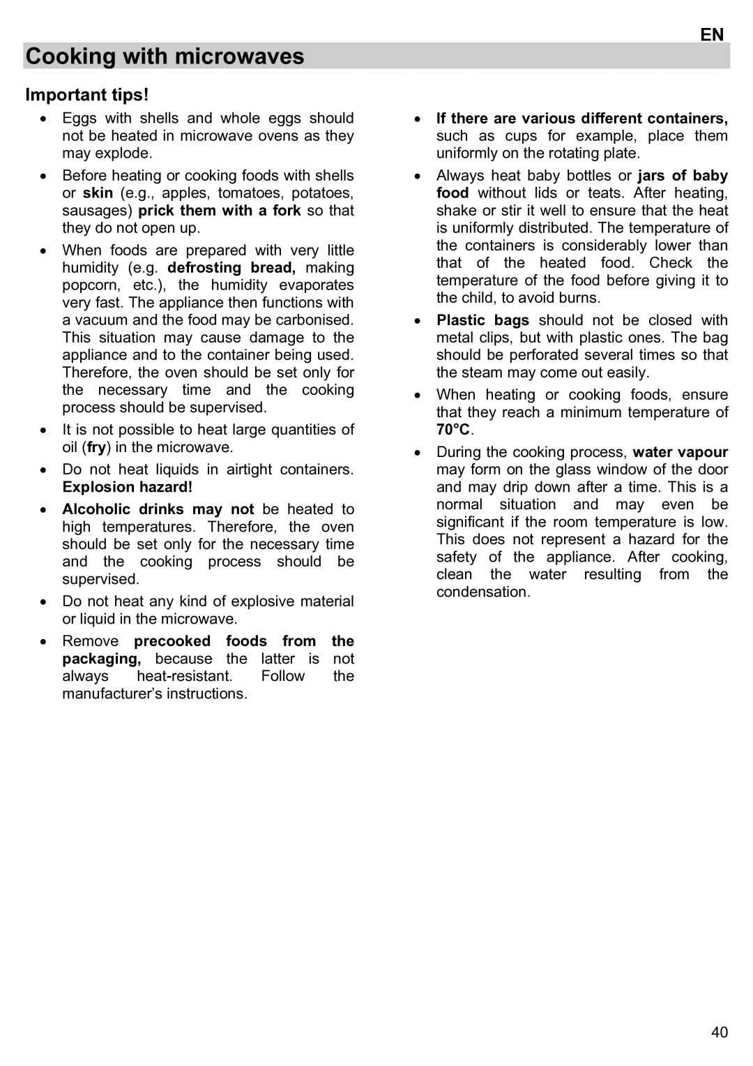 Teka ieka MWL 20 BIT manual Important tips, Explosion hazard 