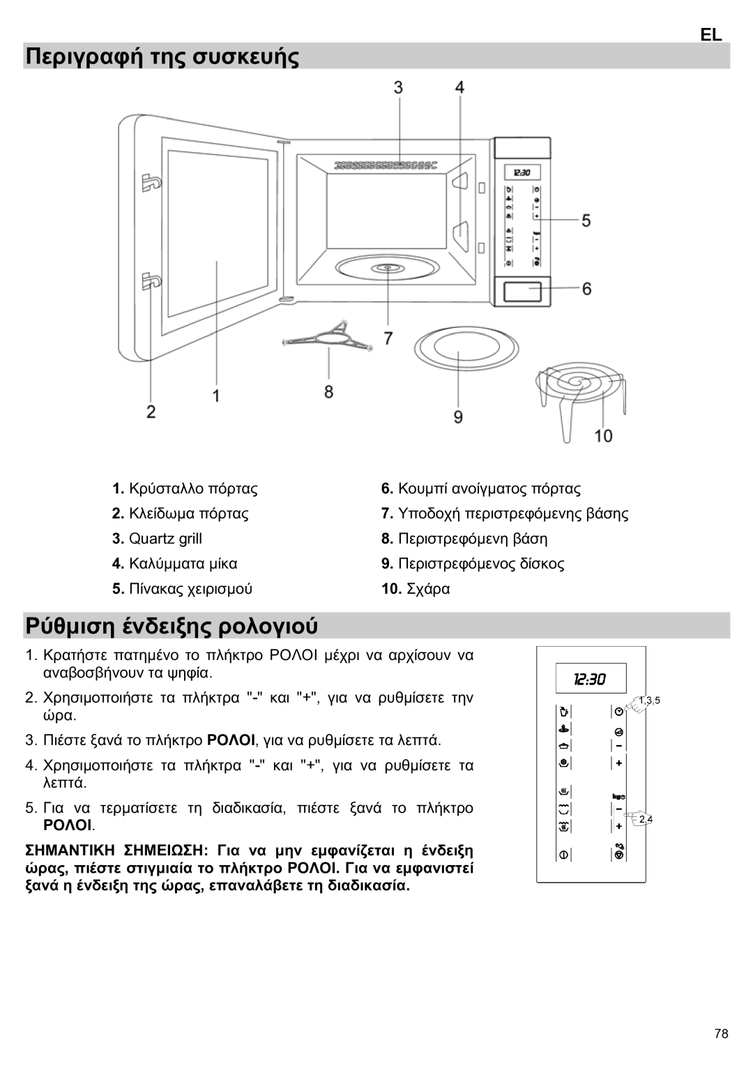 Teka ieka MWL 20 BIT manual Περιγραφή της συσκευής, Ρύθμιση ένδειξης ρολογιού 