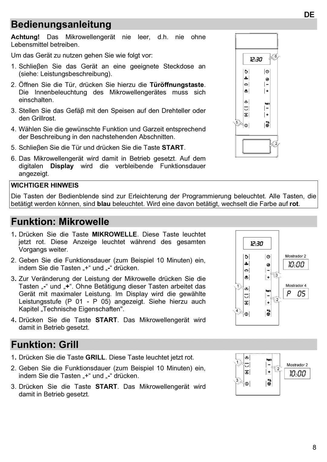 Teka ieka MWL 20 BIT manual Bedienungsanleitung, Funktion Mikrowelle, Funktion Grill 