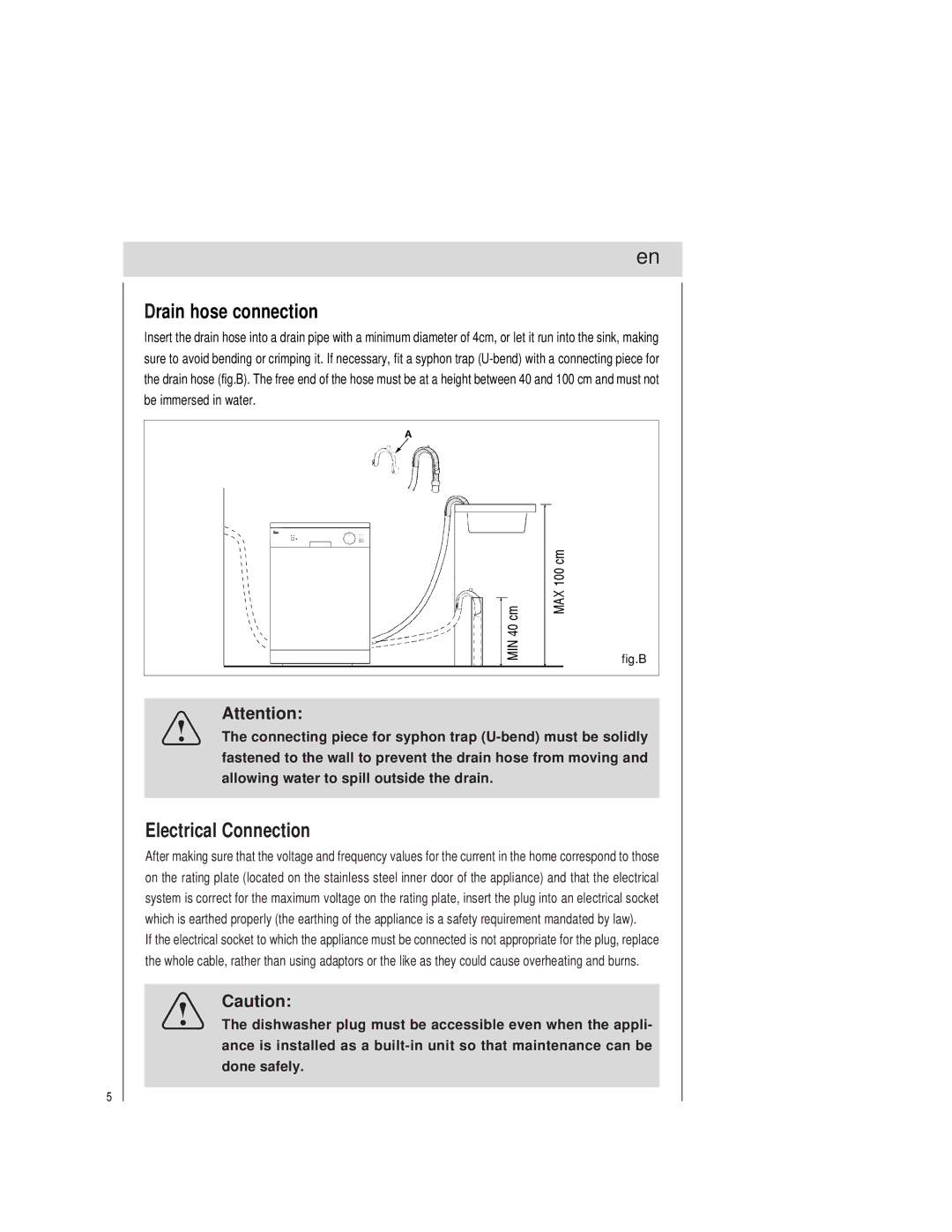 Teka LP1 700 manual Drain hose connection, Electrical Connection 