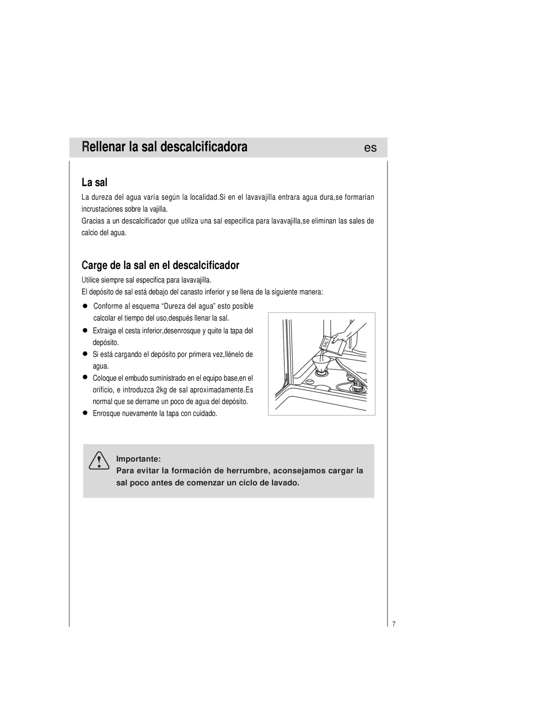 Teka LP1 700 manual Rellenar la sal descalcificadora, La sal, Carge de la sal en el descalcificador 