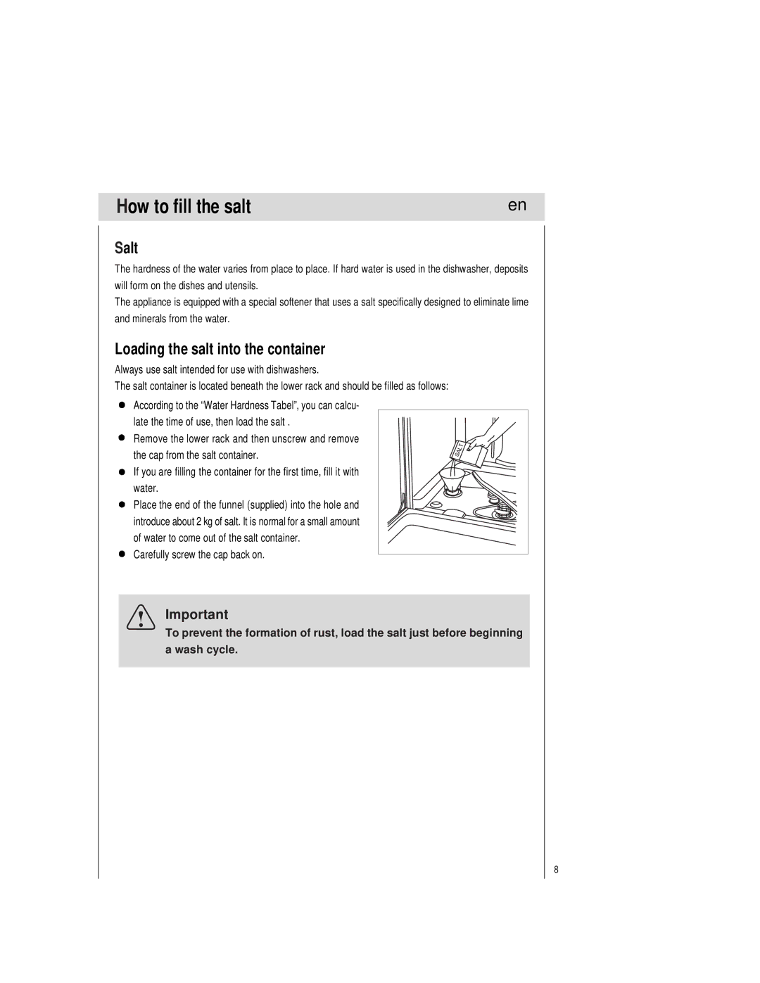 Teka LP1 700 manual How to fill the salt, Salt, Loading the salt into the container 