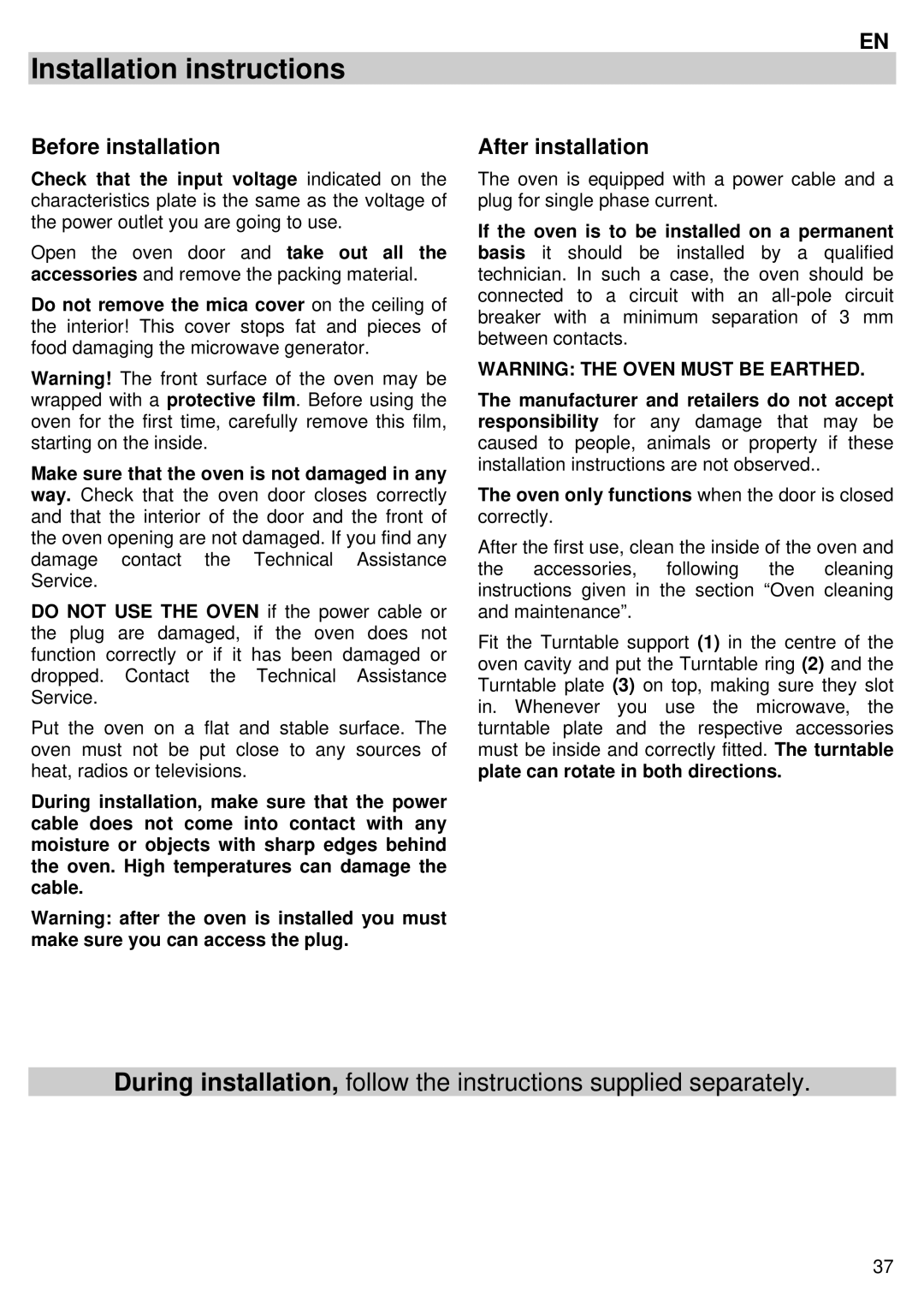 Teka MC 32 BIS Installation instructions, Before installation, After installation, Plate can rotate in both directions 