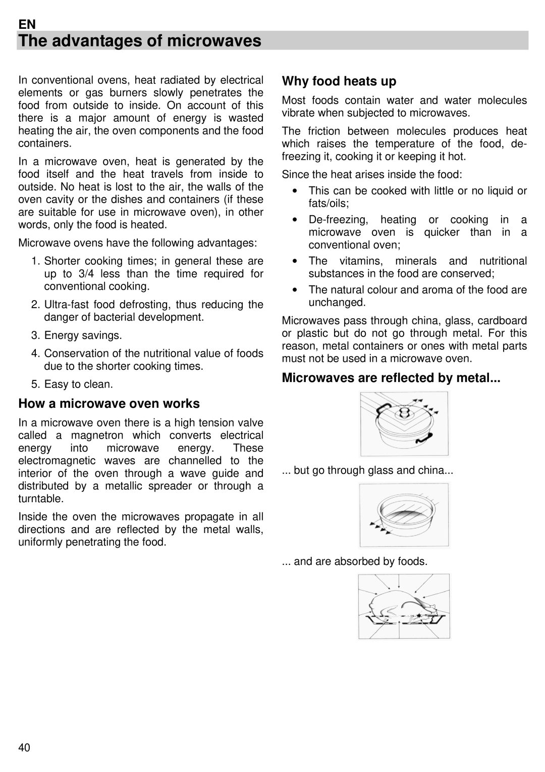 Teka MC 32 BIS Advantages of microwaves, How a microwave oven works, Why food heats up, Microwaves are reflected by metal 