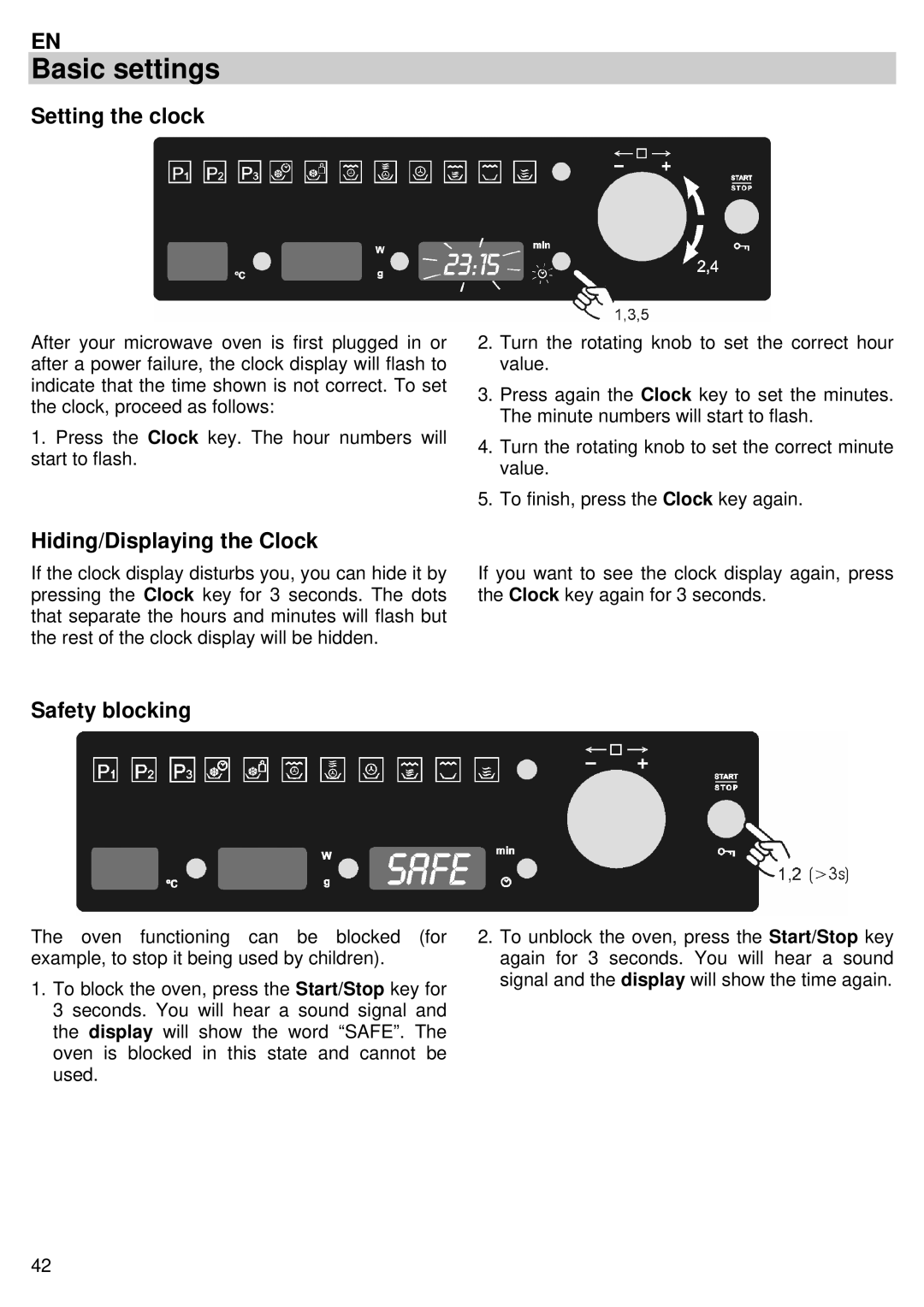 Teka MC 32 BIS manual Basic settings, Setting the clock, Hiding/Displaying the Clock, Safety blocking 