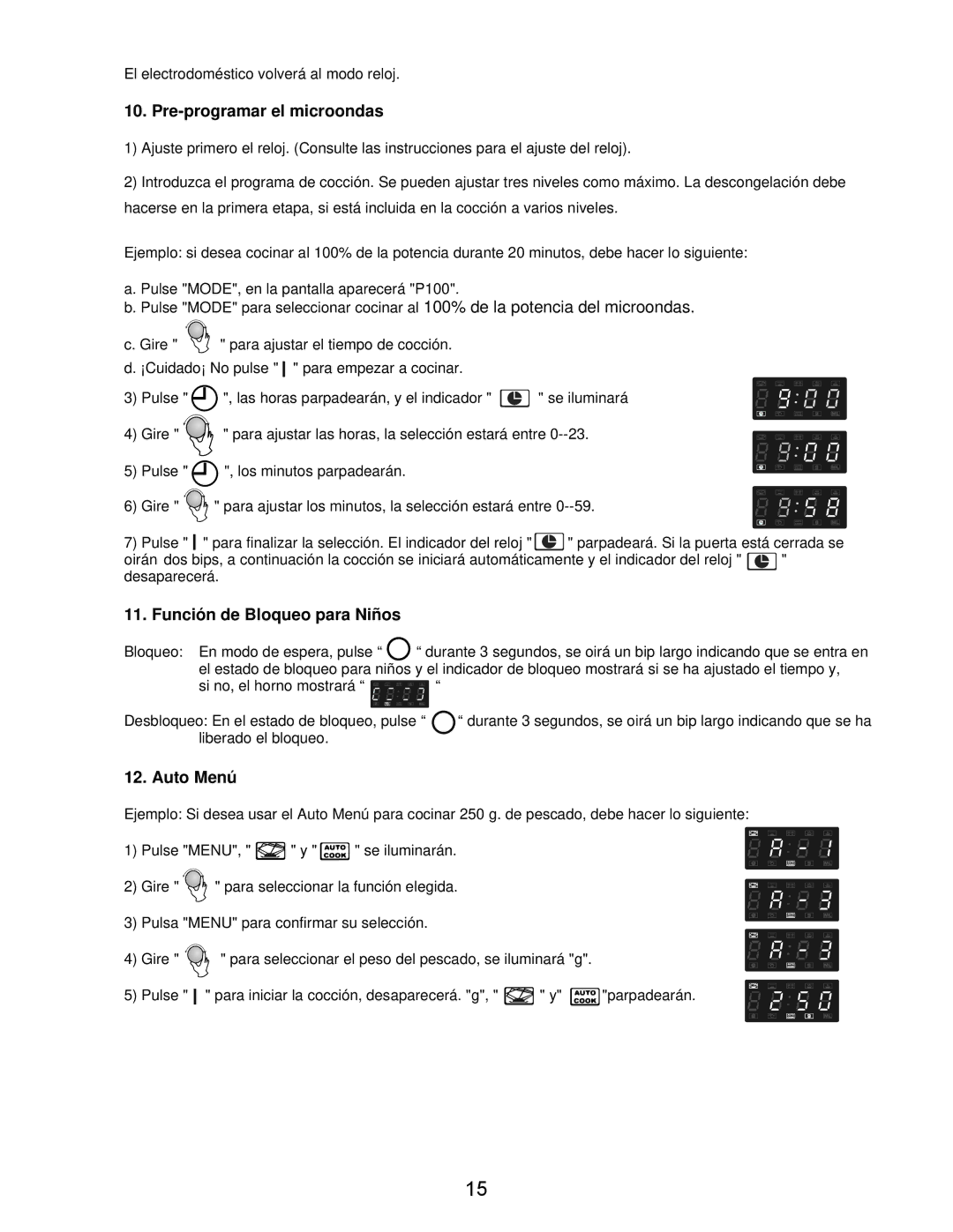 Teka MW 21 IMS INOX manual Pre-programar el microondas, Función de Bloqueo para Niños, Auto Menú 