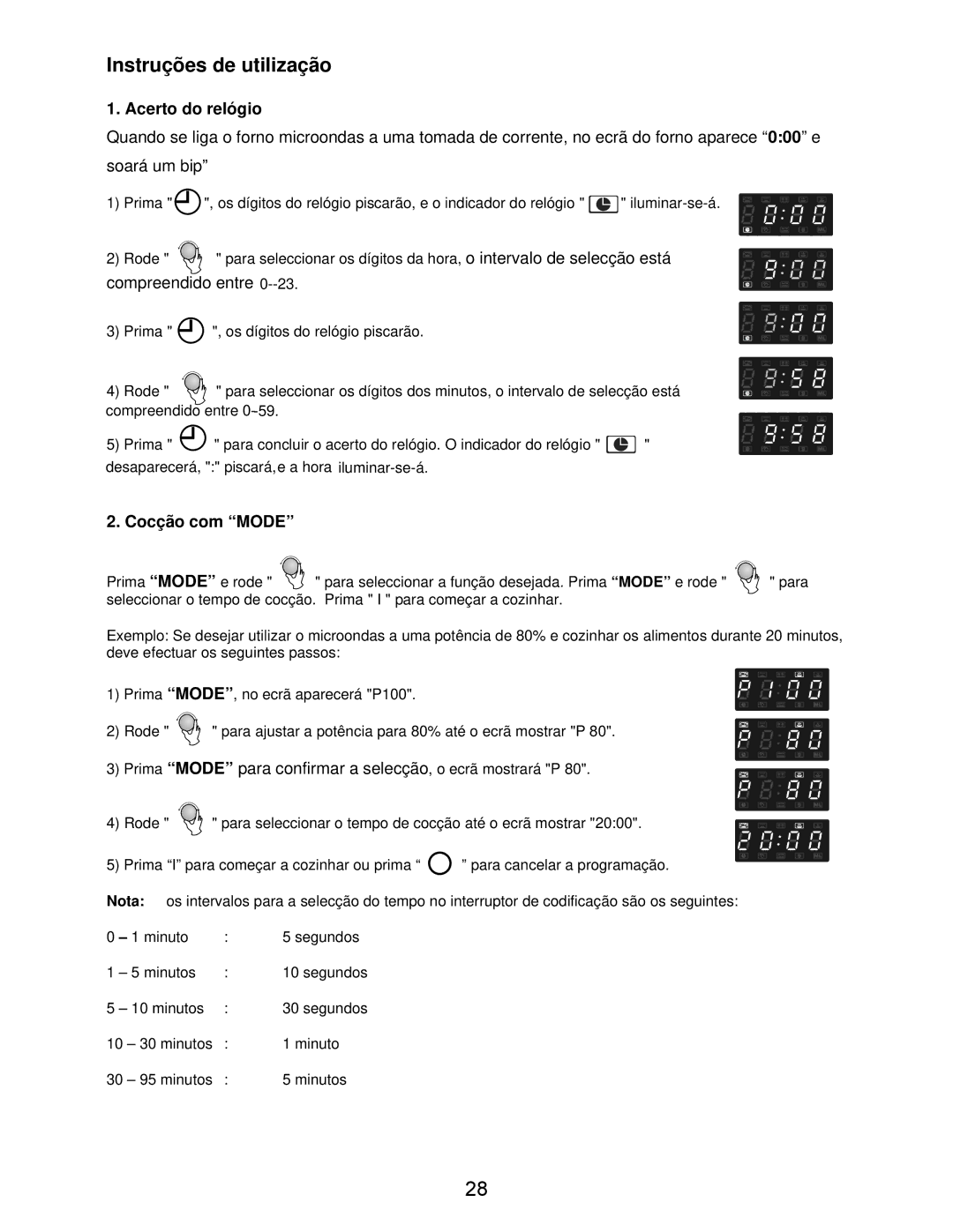 Teka MW 21 IMS INOX manual Acerto do relógio, Cocção com Mode 