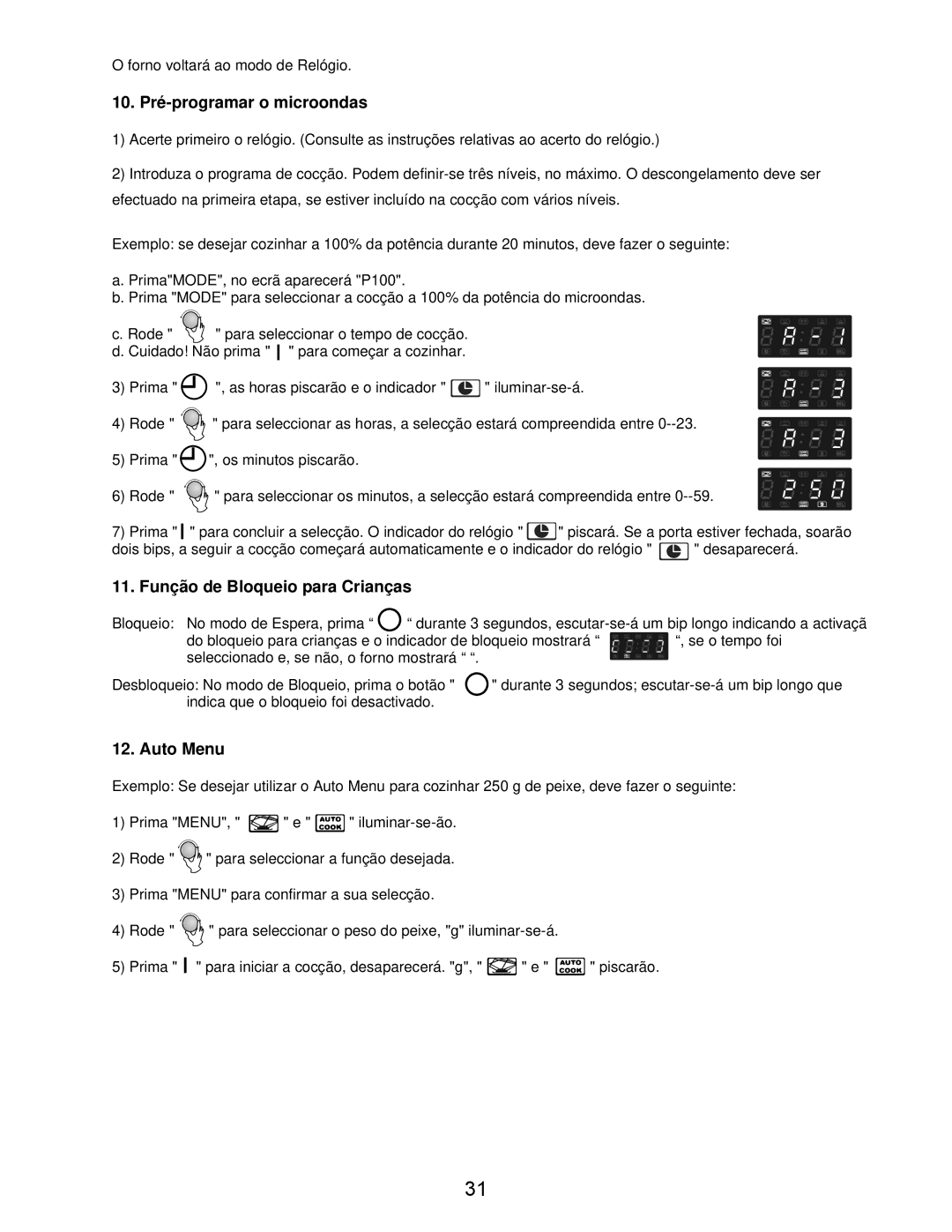 Teka MW 21 IMS INOX manual 10. Pré-programar o microondas, Função de Bloqueio para Crianças, Auto Menu 