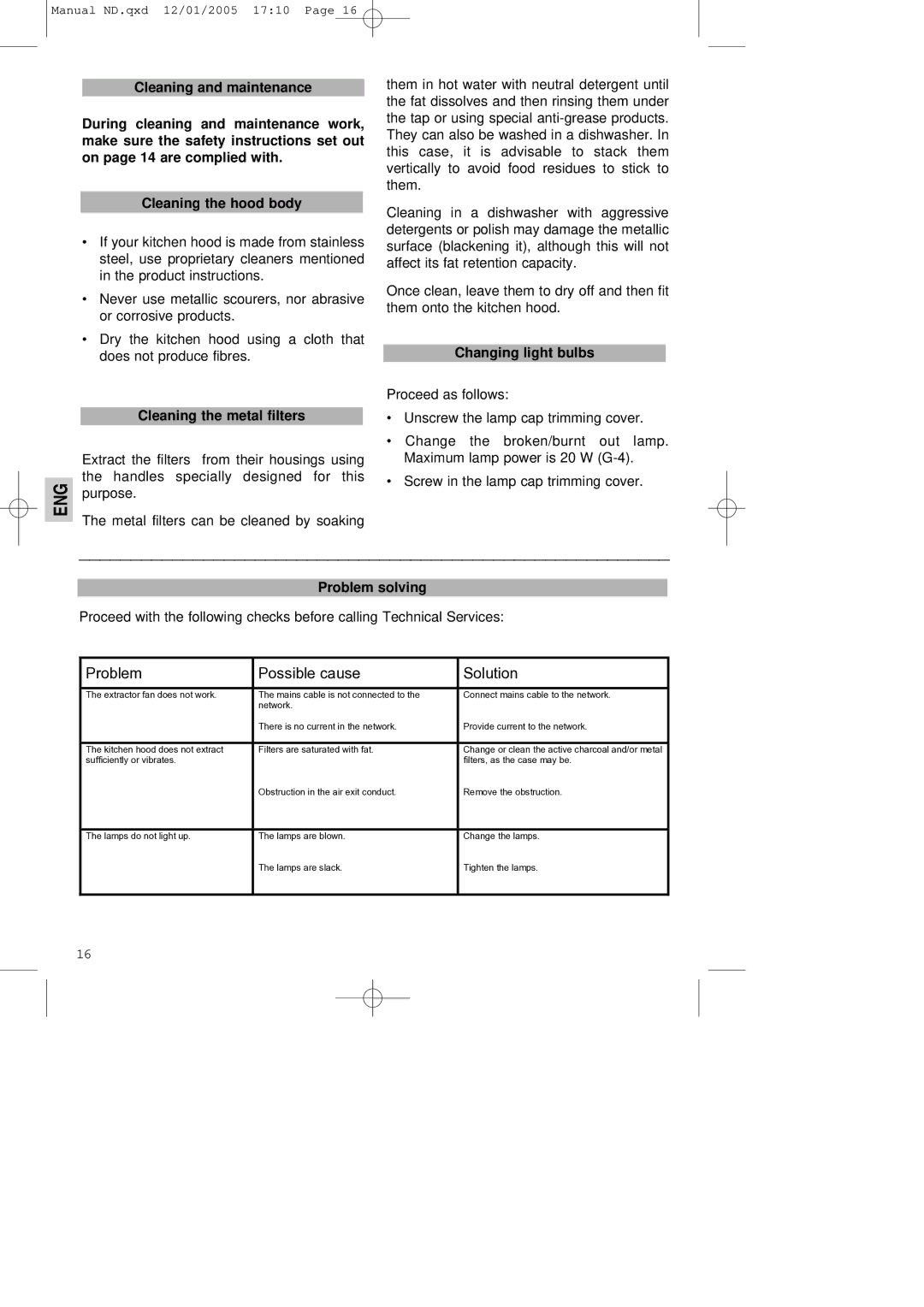 Teka ND.3 manual Problem Possible cause Solution, Cleaning the metal filters, Changing light bulbs 