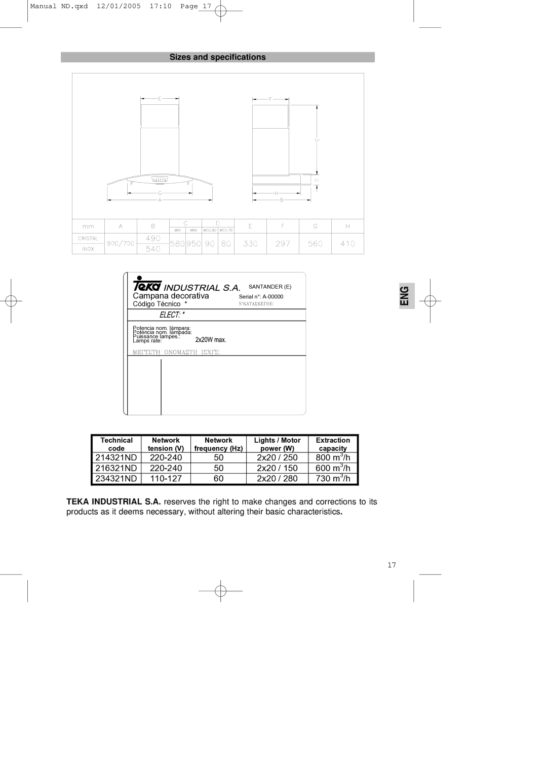 Teka ND.3 manual Campana decorativa, 2x20 800 m3/h, 2x20 600 m3/h, 2x20 730 m3/h 