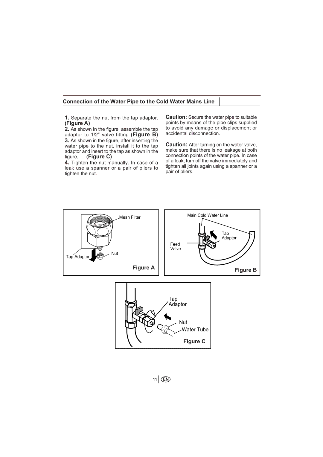 Teka NF1650 manual Connection of the Water Pipe to the Cold Water Mains Line, Separate the nut from the tap adaptor 