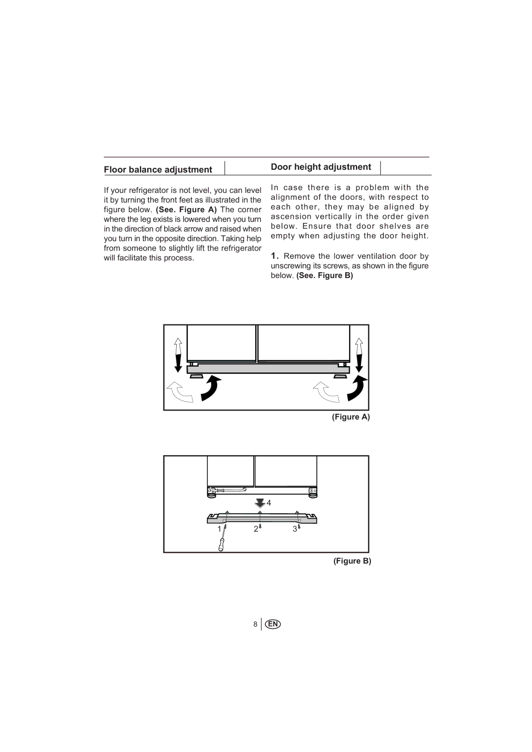 Teka NF1650 manual Floor balance adjustment Door height adjustment, Below. Ensure that door shelves are 