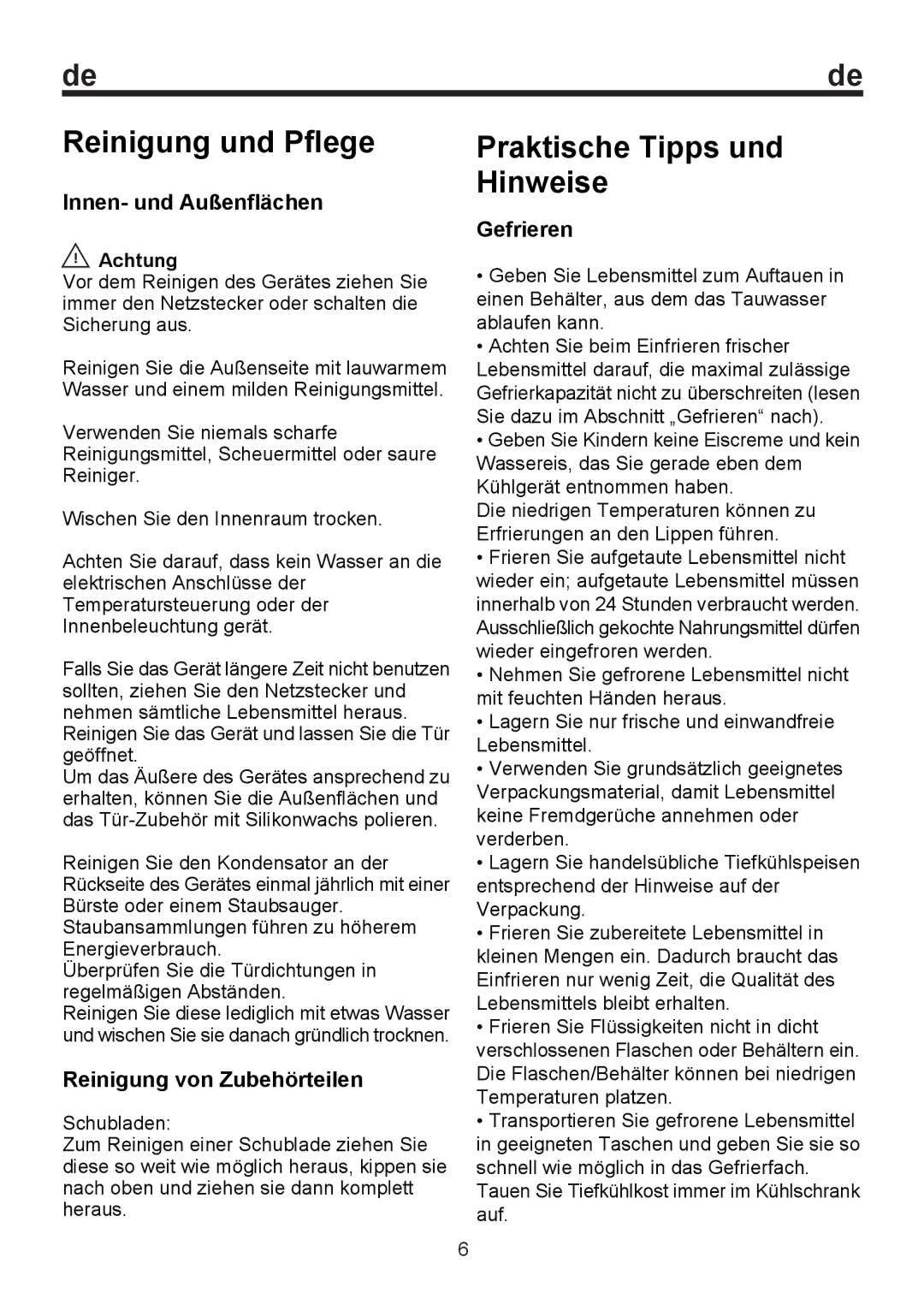 Teka TGF 270 Reinigung und Pflege, Praktische Tipps und Hinweise, Innen- und Außenflächen, Reinigung von Zubehörteilen 