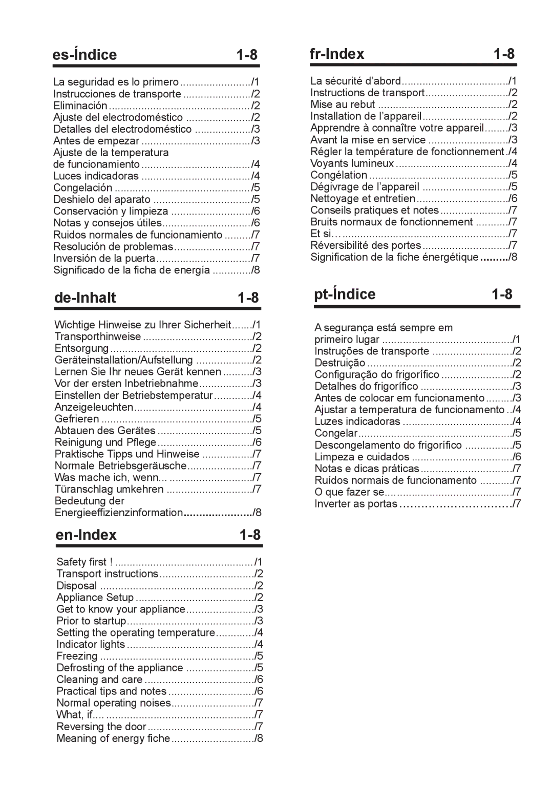 Teka TGF 270 manual Es-Índice, De-Inhalt, En-Index, Fr-Index, Pt-Índice 