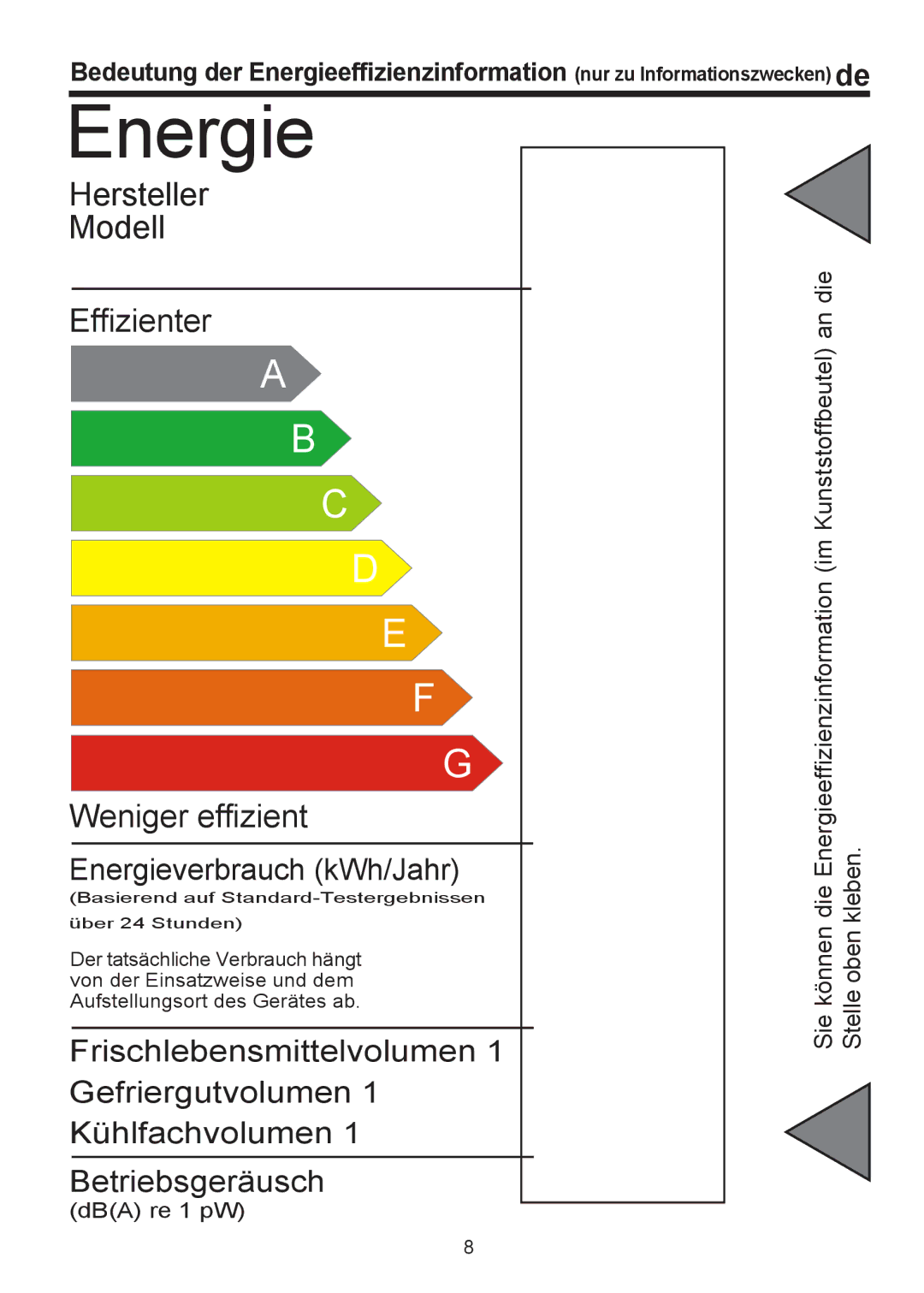 Teka TGF 270 manual Bedeutung der Energieeffizienzinformation, Nur zu Informationszwecken de 