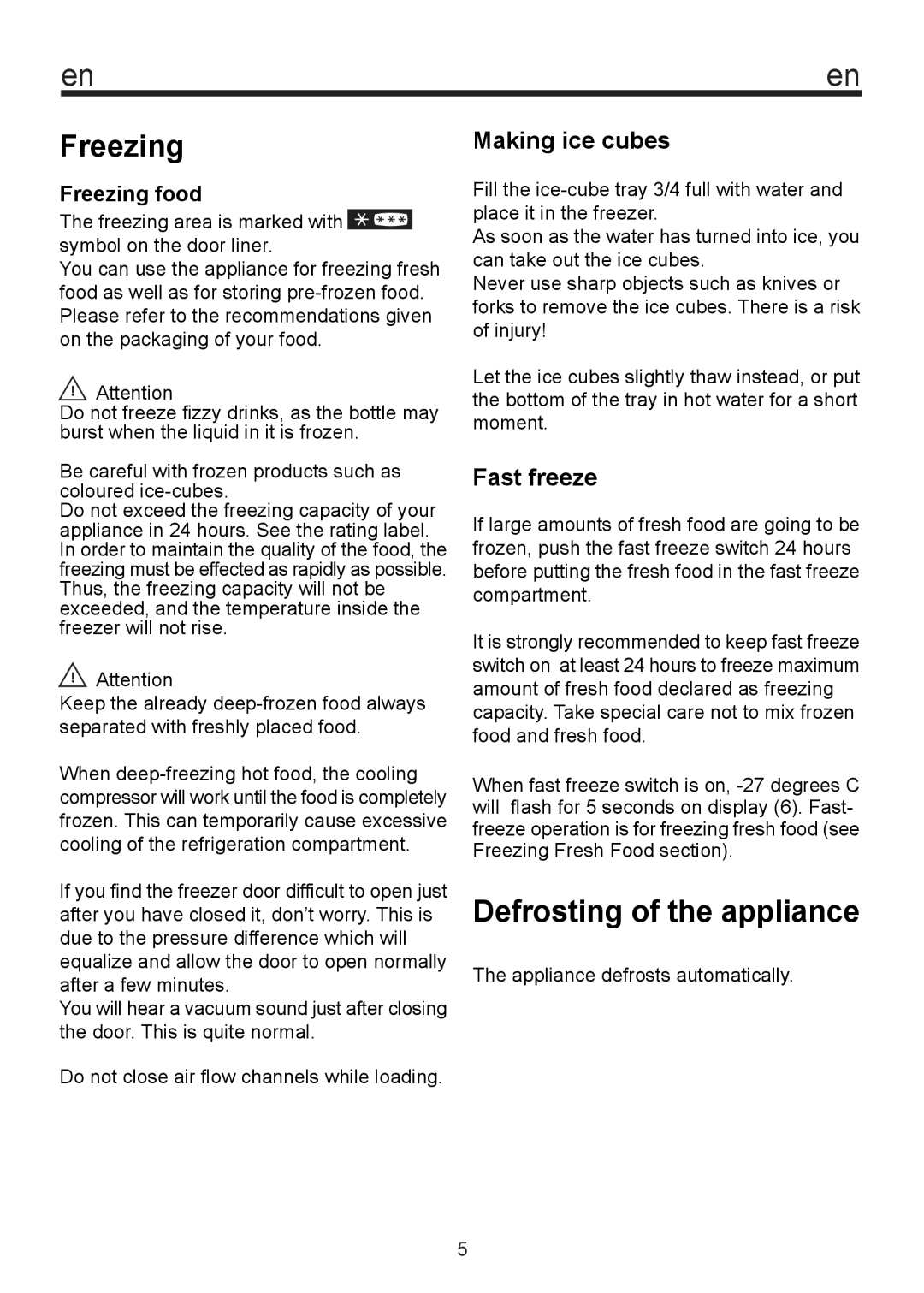 Teka TGF 270 manual Defrosting of the appliance, Making ice cubes, Fast freeze, Freezing food 