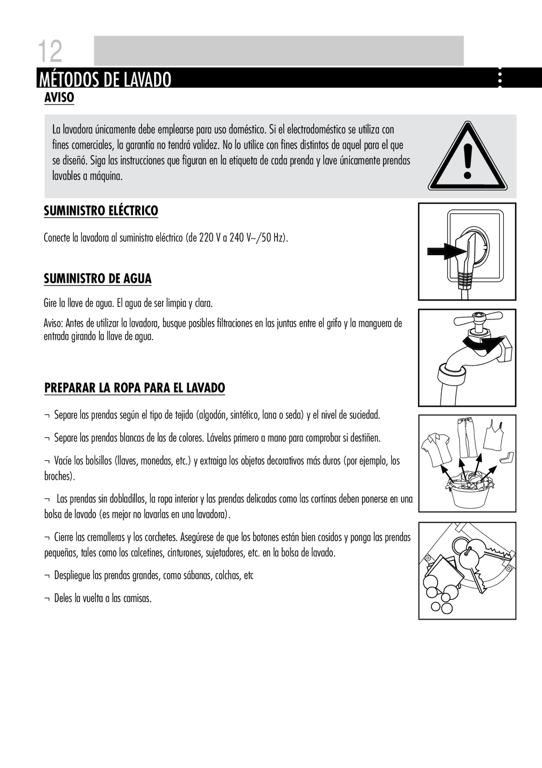 Teka TKM 1200, TK2 1070 S, TK2 1280 I manual Aviso, Suministro Eléctrico, Suministro DE Agua, Preparar LA Ropa Para EL Lavado 