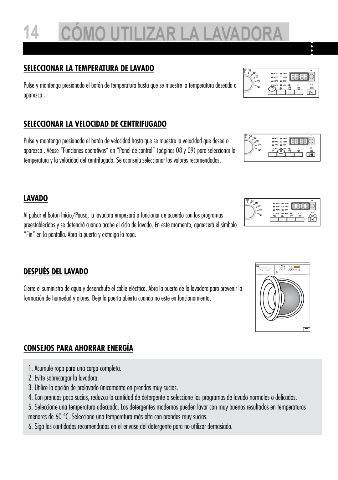 Teka TK2 1070 S manual Seleccionar LA Temperatura DE Lavado, Seleccionar LA Velocidad DE Centrifugado, Después DEL Lavado 