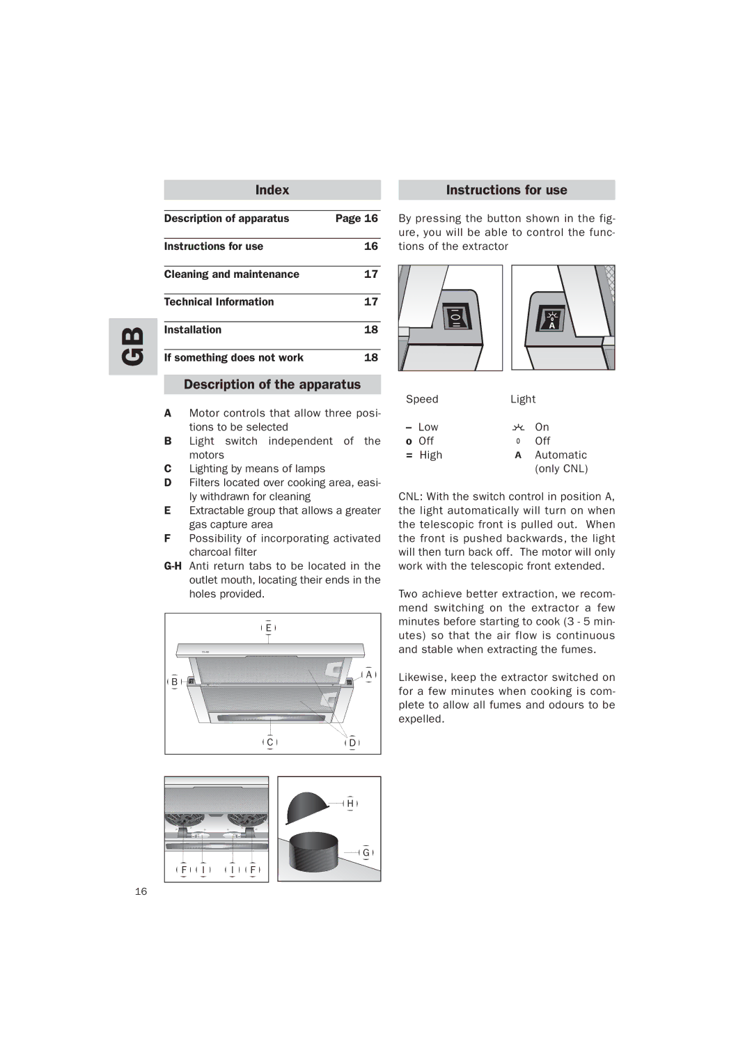 Teka TL-62 manual Index Instructions for use, Description of the apparatus 