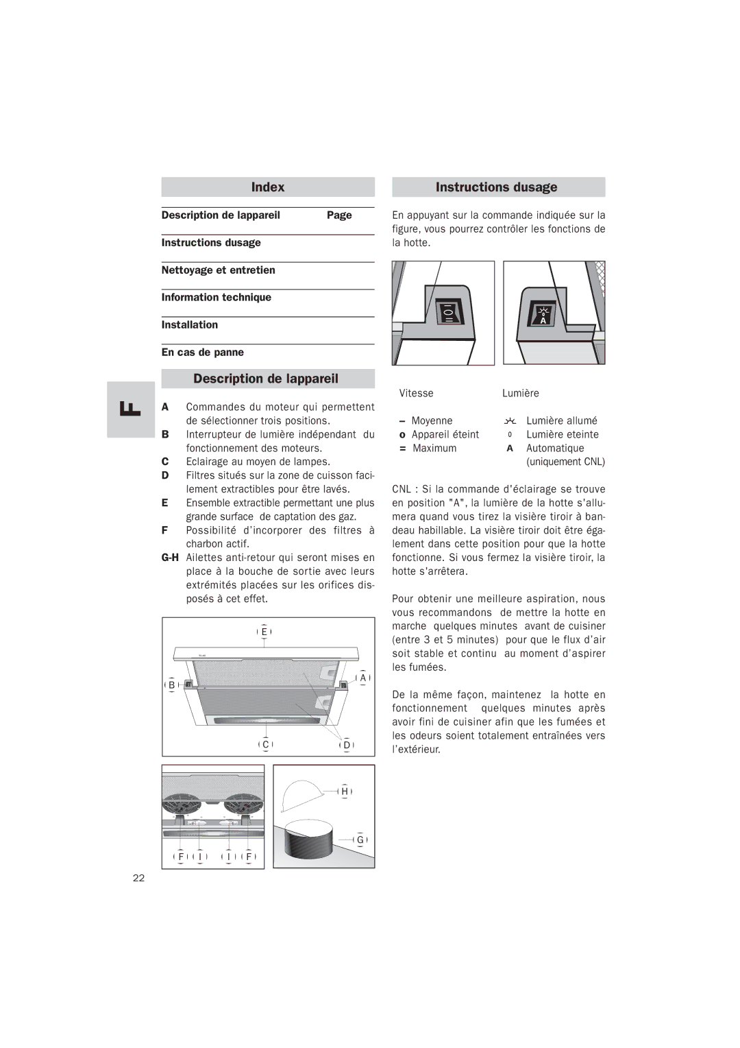 Teka TL-62 manual Index Instructions d’usage, Description de l’appareil 