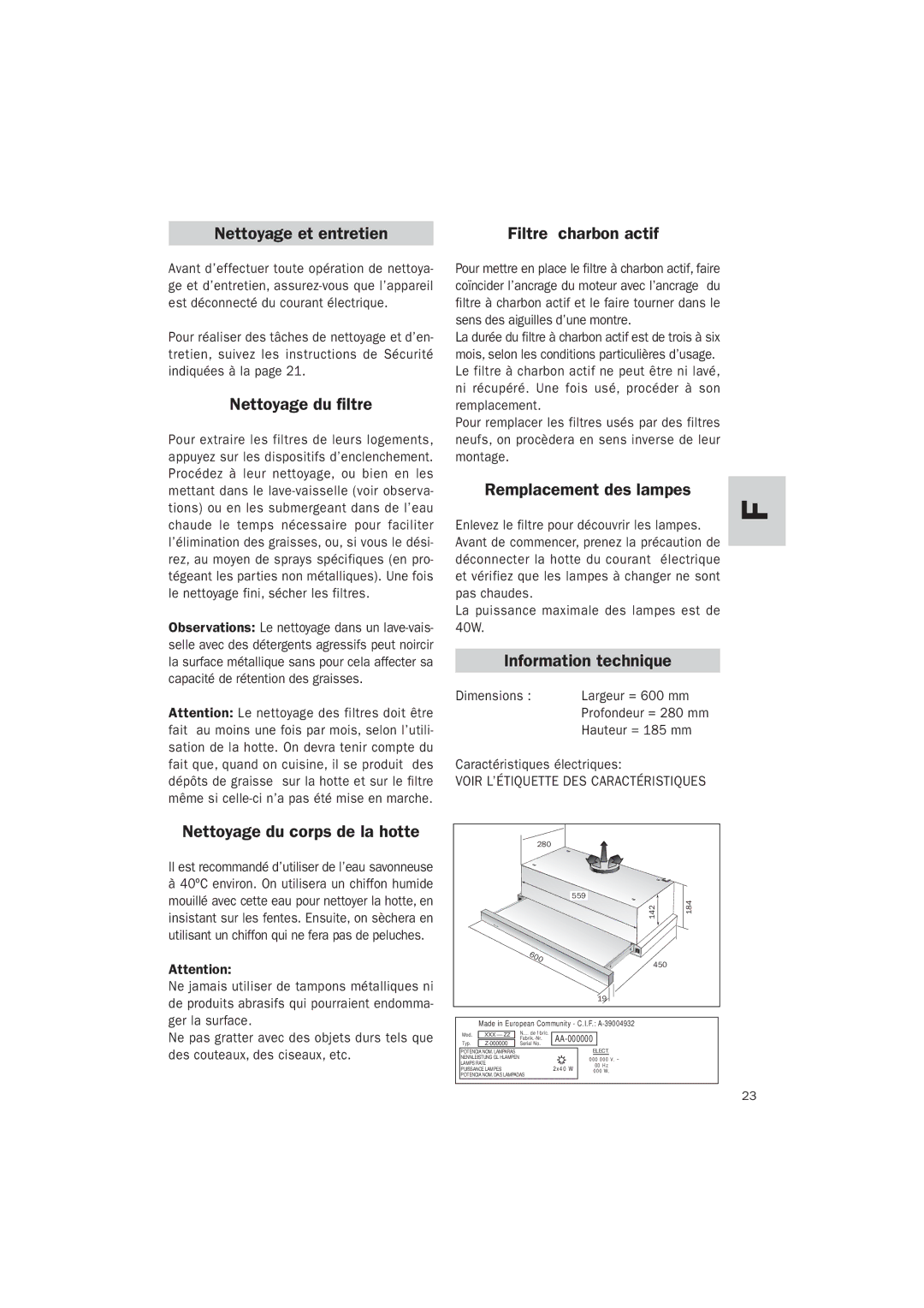 Teka TL-62 manual Nettoyage et entretien Filtre à charbon actif, Nettoyage du filtre, Remplacement des lampes 