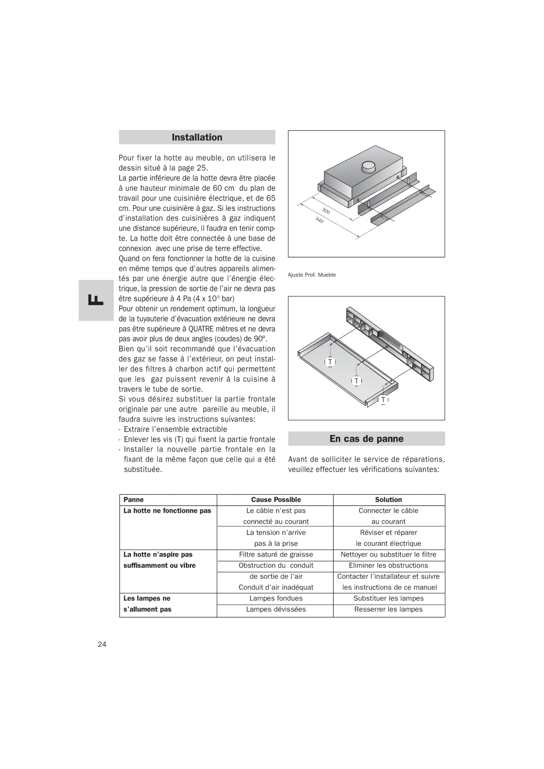 Teka TL-62 manual En cas de panne, Suffisamment ou vibre Obstruction du conduit 