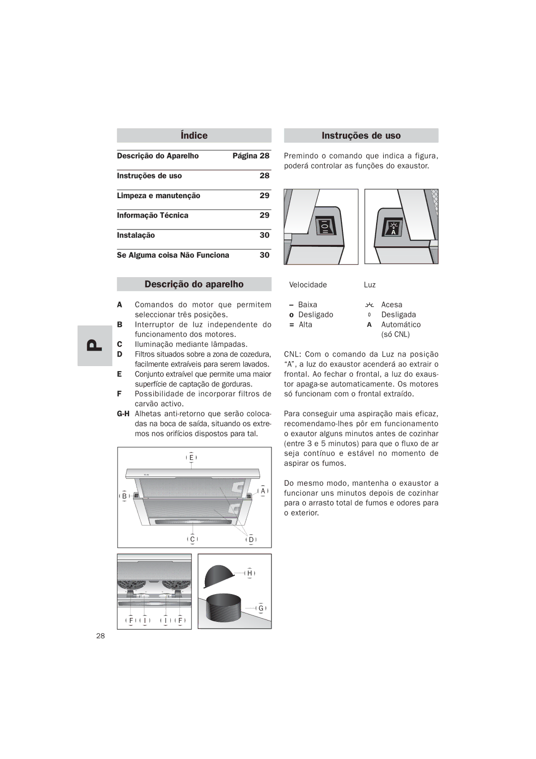 Teka TL-62 manual Índice Instruções de uso, Descrição do aparelho 