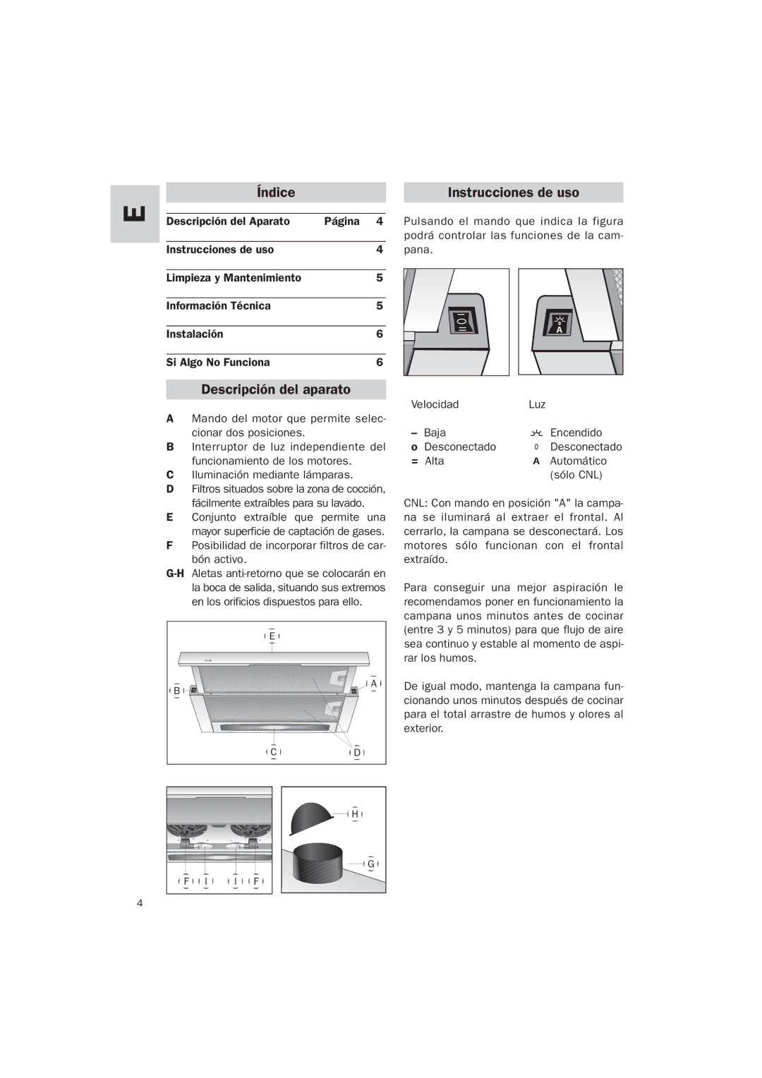 Teka TL-62 manual Índice Instrucciones de uso, Descripción del aparato 