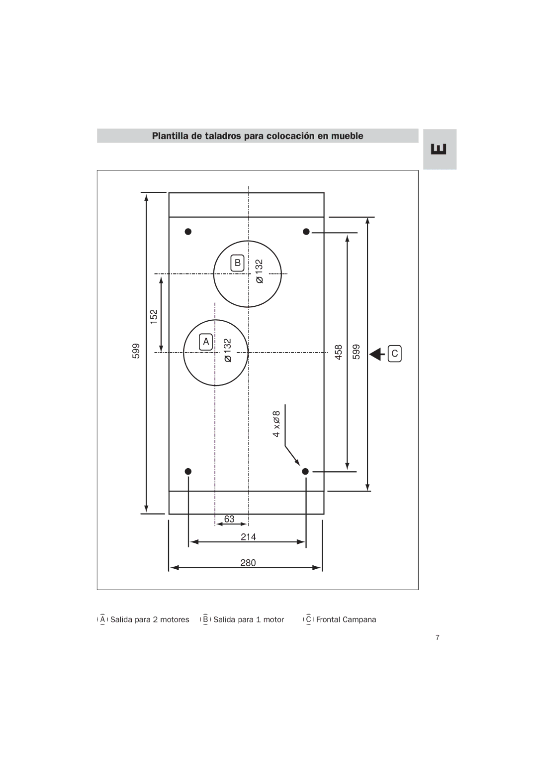 Teka TL-62 manual Plantilla de taladros para colocación en mueble, 132 152 599 458 214 280 