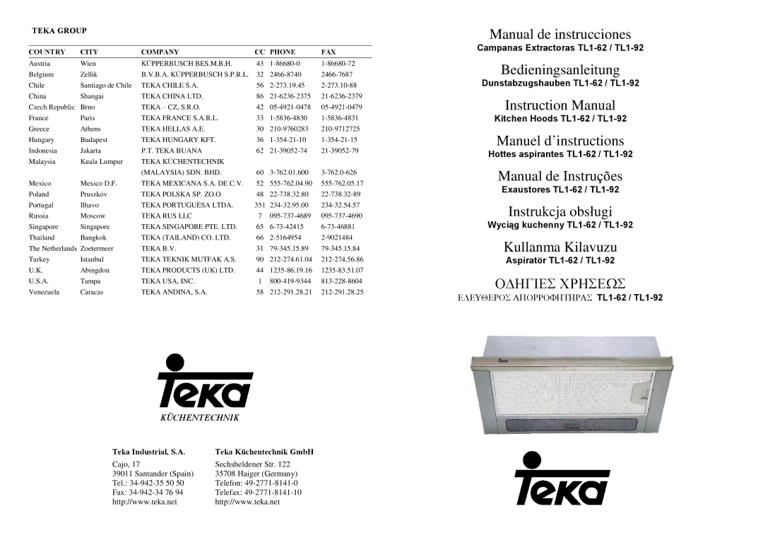 Teka manual Campanas Extractoras TL1-62 / TL1-92, Hottes aspirantes TL1-62 / TL1-92, Exaustores TL1-62 / TL1-92 