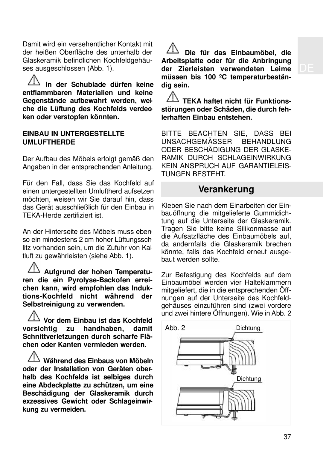 Teka IQX 635, TRX 645, IRX 635, TRX 635 manual Verankerung, Einbau in Untergestellte Umluftherde 