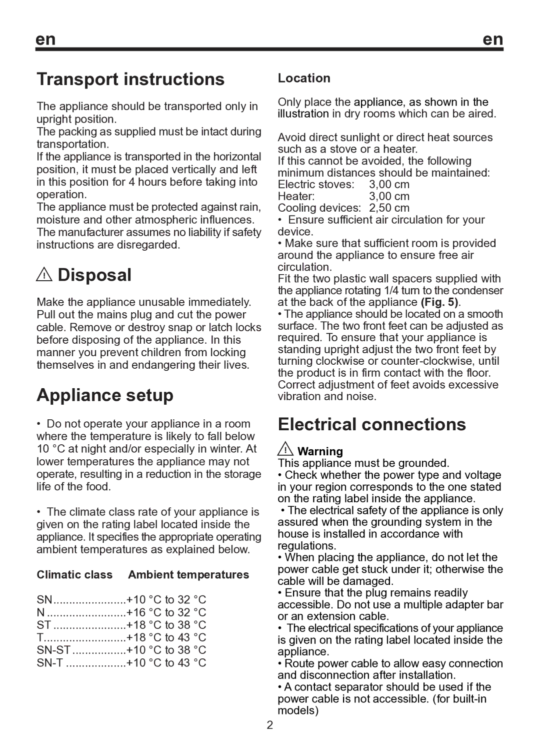 Teka TSE 342A manual Transport instructions, Disposal, Appliance setup, Electrical connections, Location 