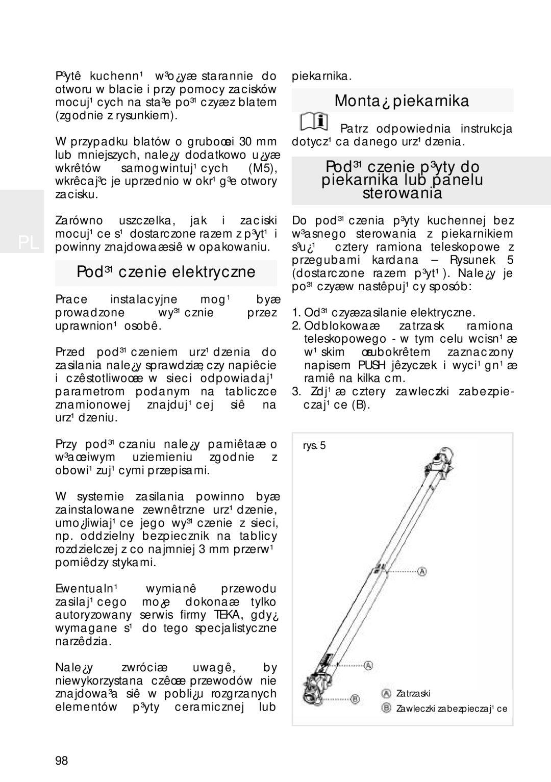 Teka VR 622, TT 620 manual Pod³¹czenie elektryczne, Monta¿ piekarnika, Pod³¹czenie p³yty do piekarnika lub panelu sterowania 