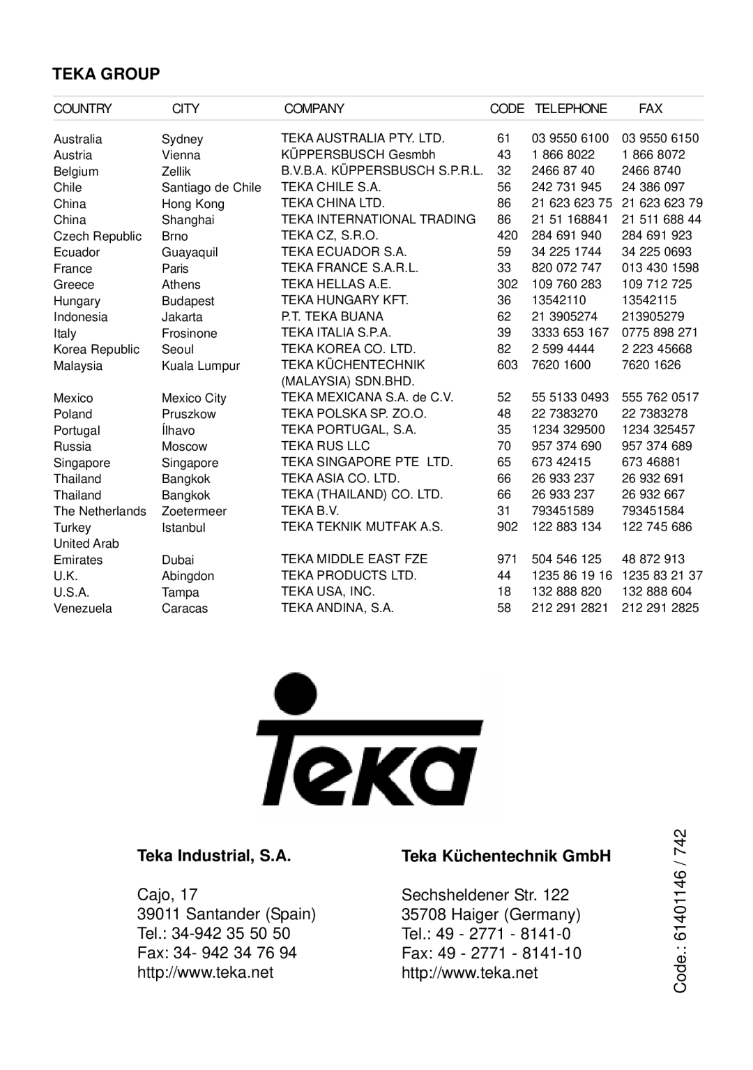 Teka TR 620, TT 620, VR 622, VTN DC, TB 600 manual Teka Group 