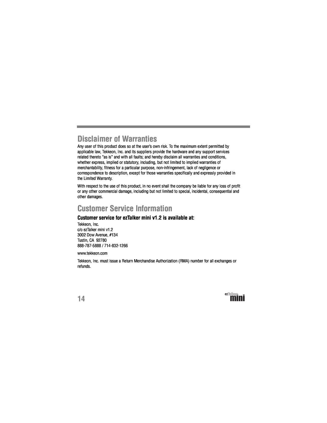 Tekkeon ET2000 manual Disclaimer of Warranties, Customer Service Information 