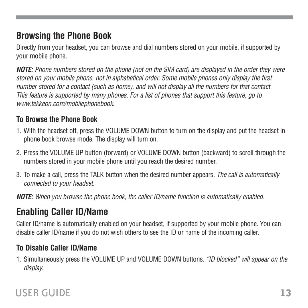 Tekkeon ET3000 manual Browsing the Phone Book, Enabling Caller ID/Name, To Browse the Phone Book, To Disable Caller ID/Name 