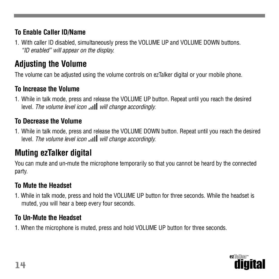 Tekkeon ET3000 manual Adjusting the Volume, Muting ezTalker digital 