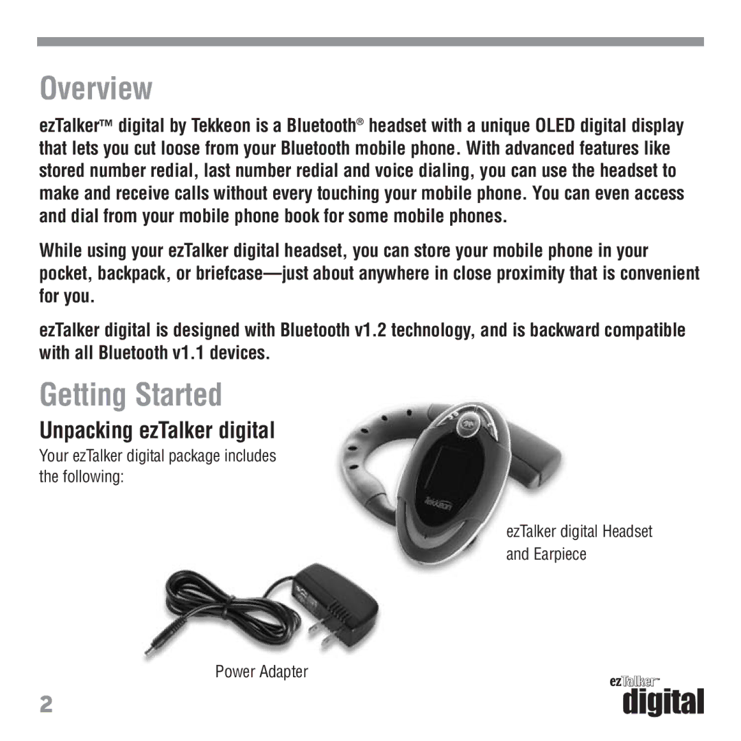 Tekkeon ET3000 manual Overview, Getting Started, Unpacking ezTalker digital 