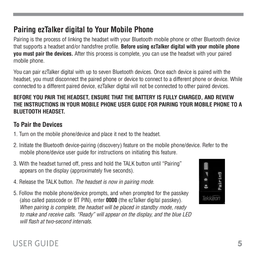 Tekkeon ET3000 manual Pairing ezTalker digital to Your Mobile Phone, To Pair the Devices 