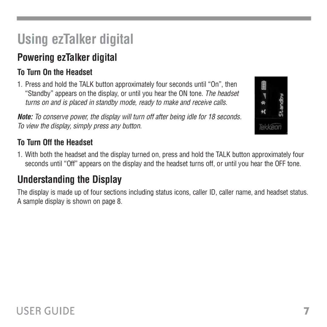 Tekkeon ET3000 manual Using ezTalker digital, Powering ezTalker digital, Understanding the Display, To Turn On the Headset 