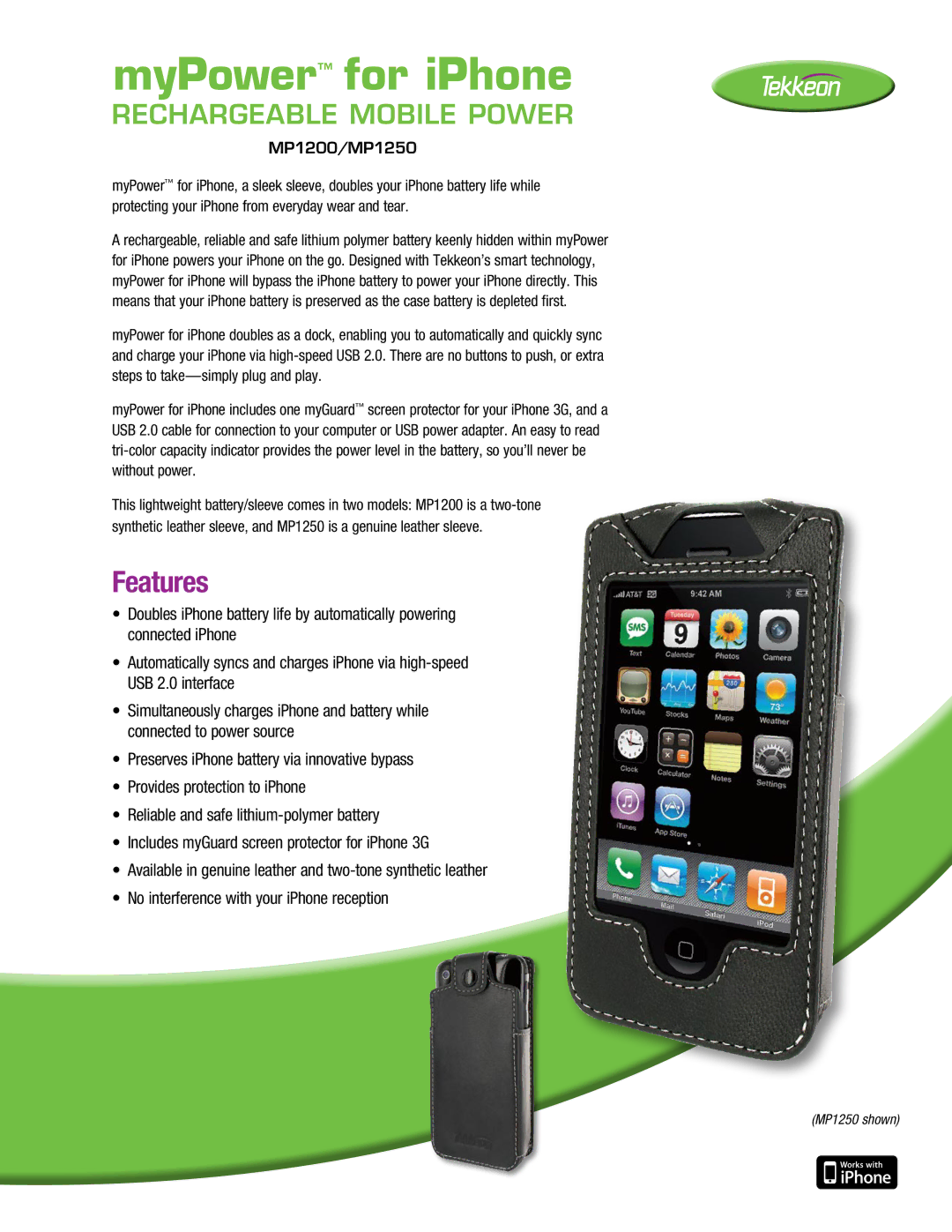 Tekkeon manual MyPower for iPhone, Features, Rechargeable Mobile Power, MP1200/MP1250 