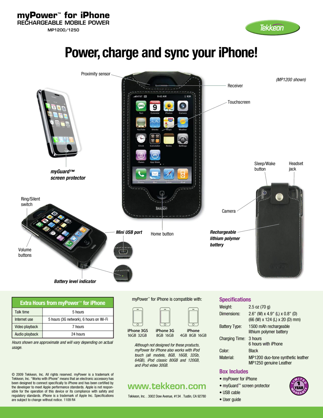 Tekkeon MP1250 manual Power, charge and sync your iPhone, Specifications, Box Includes, Extra Hours from myPower for iPhone 