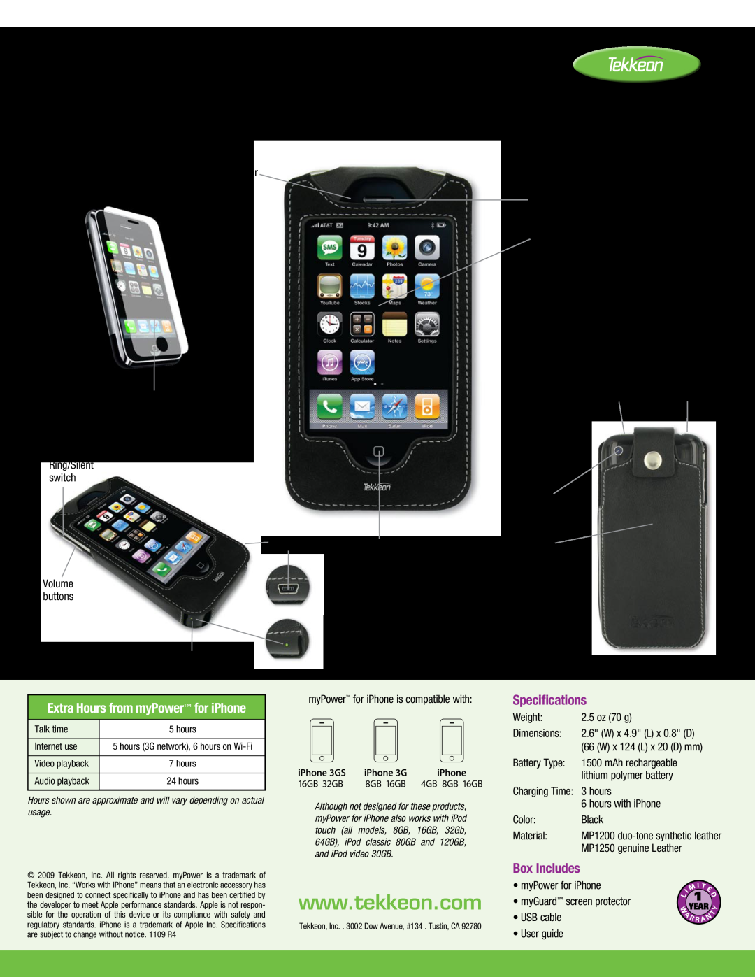 Tekkeon MP1250, MP1200 Power, charge and sync your iPhone, myPower for iPhone, Specifications, Box Includes, Mini USB port 