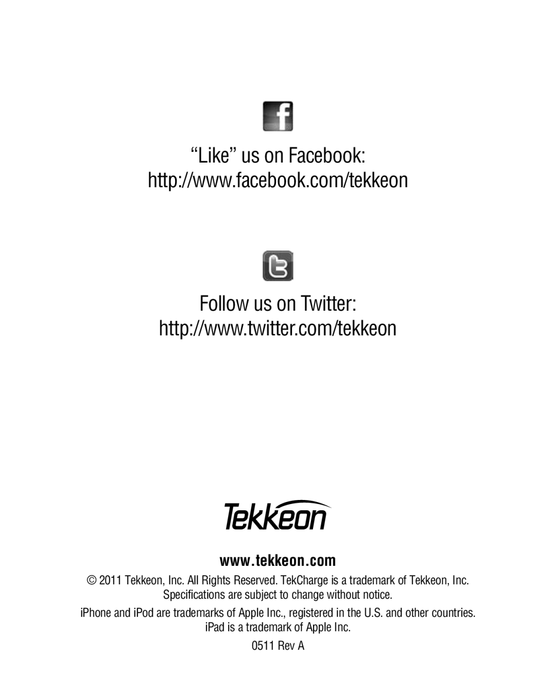 Tekkeon MP1580 manual Like us on Facebook Follow us on Twitter 