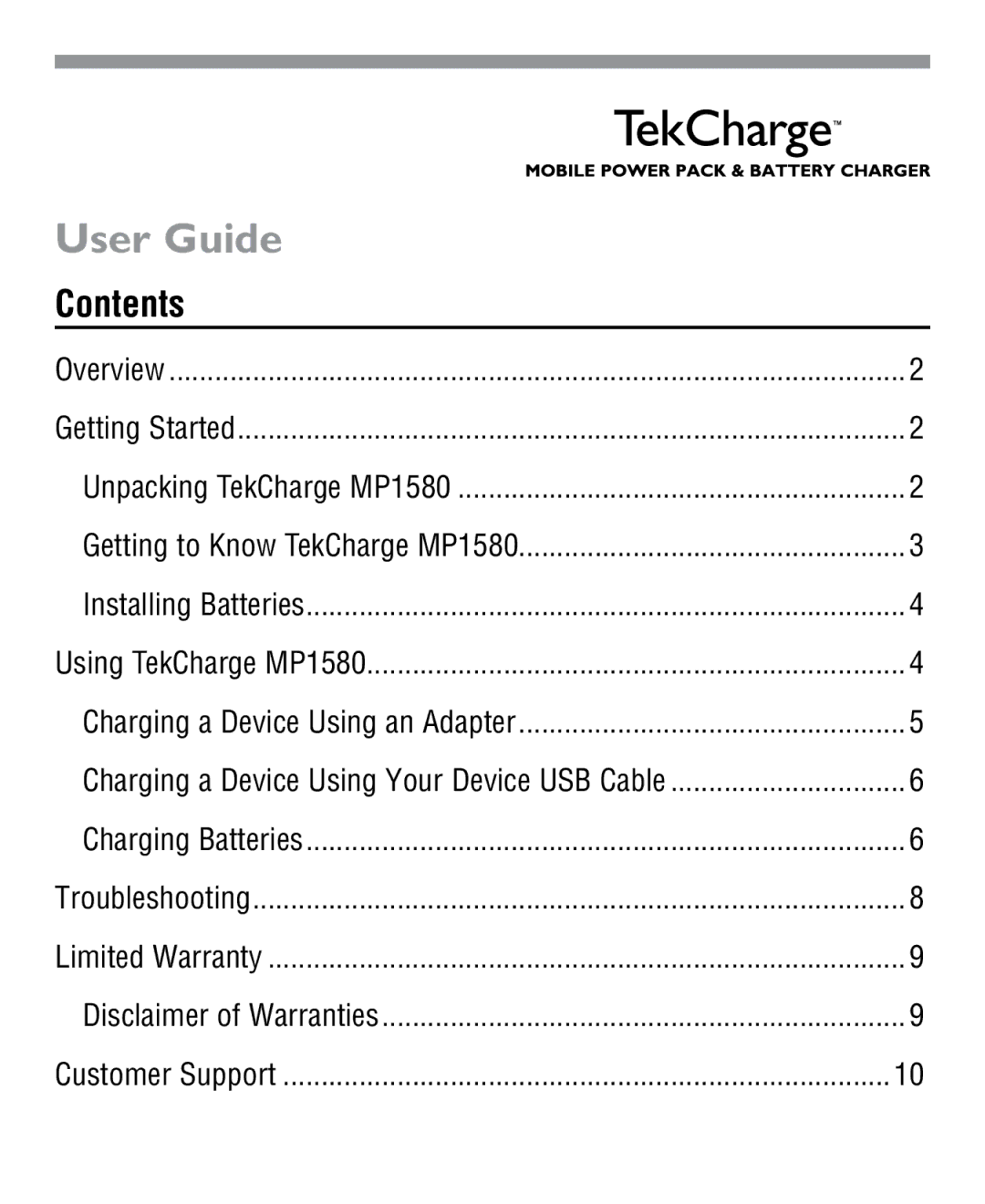 Tekkeon MP1580 manual User Guide, Contents 