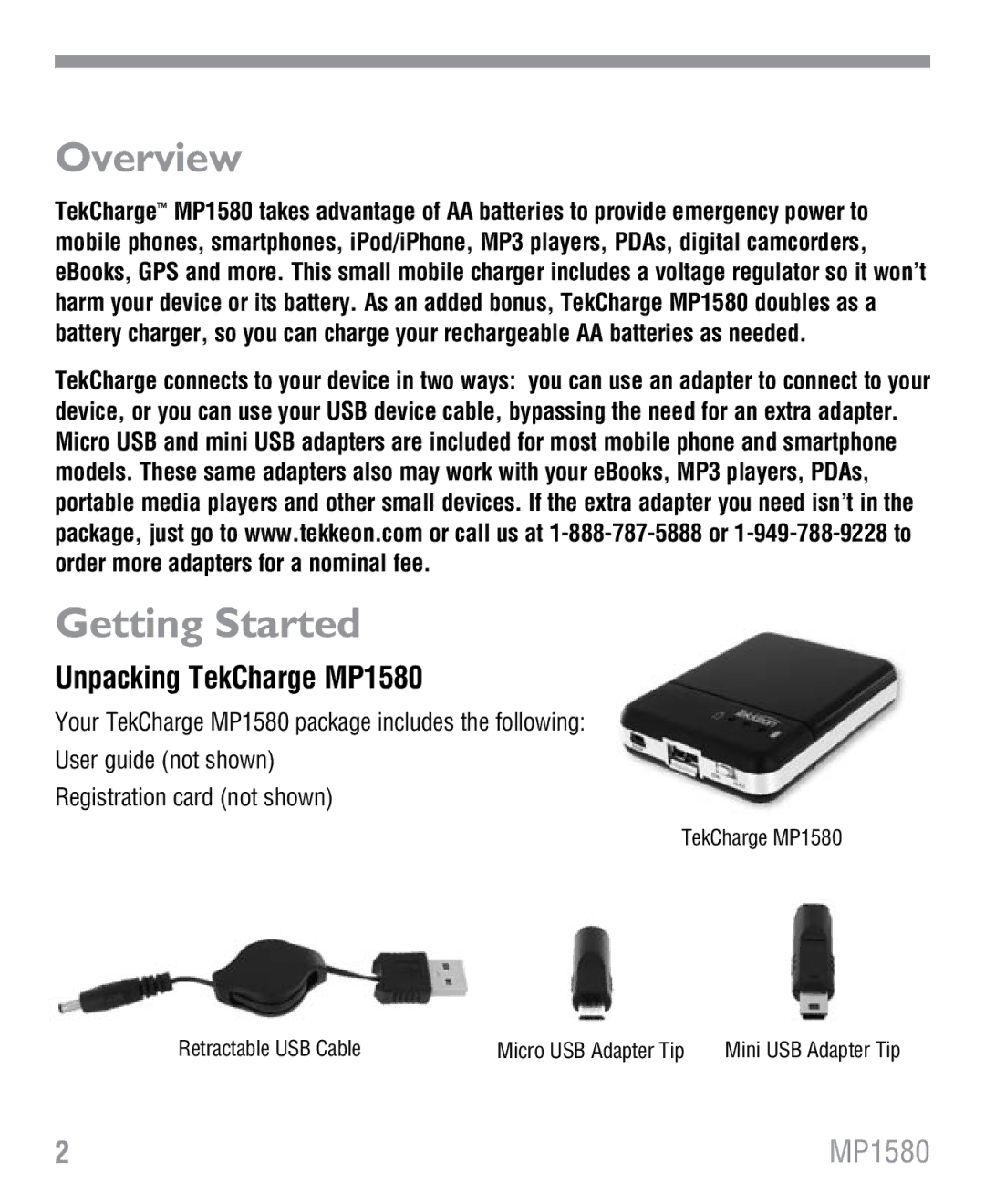 Tekkeon manual Overview, Getting Started, Unpacking TekCharge MP1580 