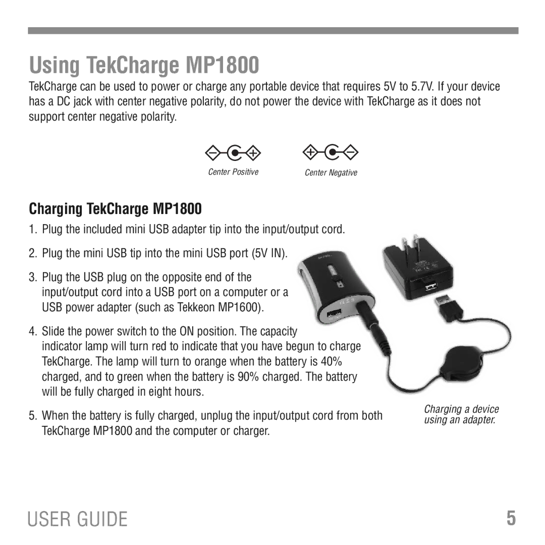 Tekkeon manual Using TekCharge MP1800, Charging TekCharge MP1800 