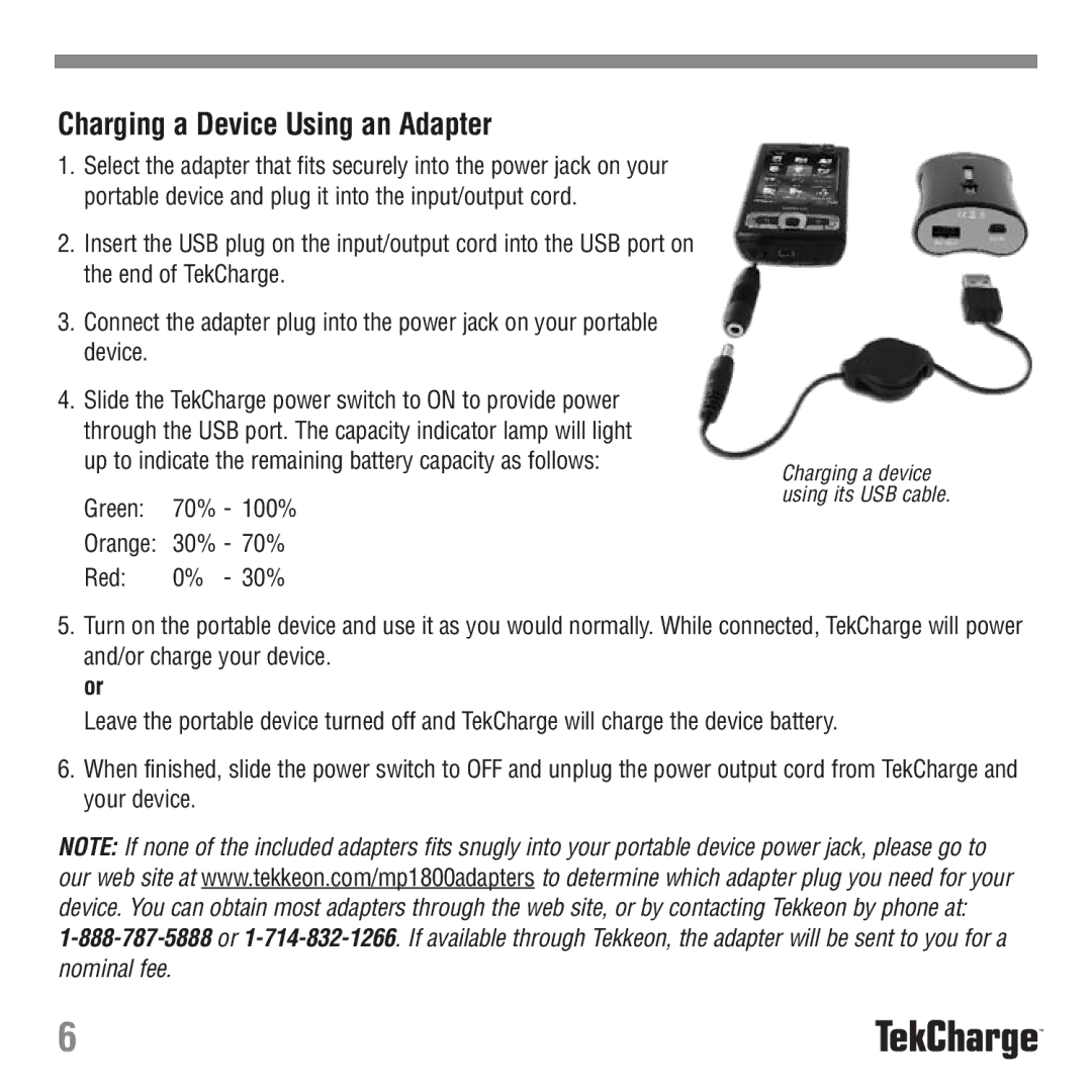 Tekkeon MP1800 manual Charging a Device Using an Adapter 