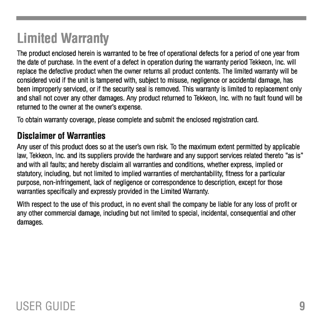 Tekkeon MP1800 manual Limited Warranty, Disclaimer of Warranties, User Guide 